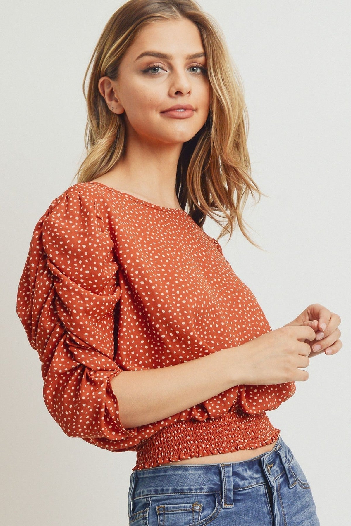 Ivory Smocked Band Top With Shirring Puff Sleeve