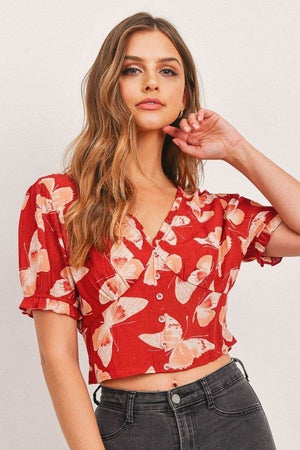 Coral Butterfly V-neck Crop with Smocked Back Waist