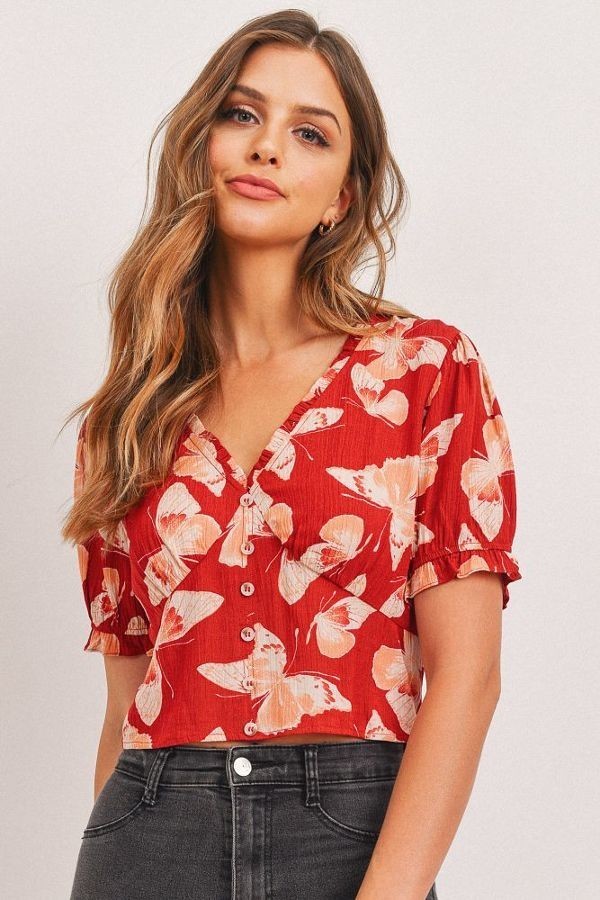 Coral Butterfly V-neck Crop with Smocked Back Waist