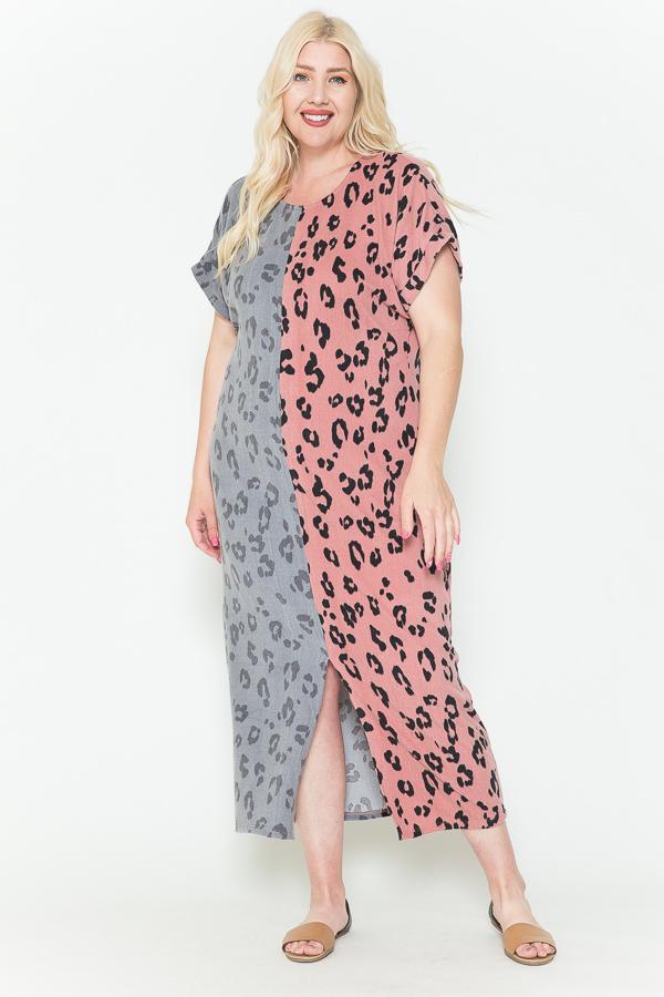 Dustry Pink Front Slit Dolman Leopard Print Maxi Women's Dress