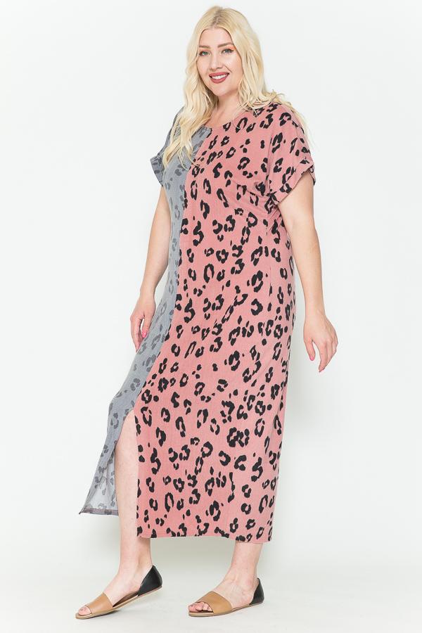 Dustry Pink Front Slit Dolman Leopard Print Maxi Women's Dress