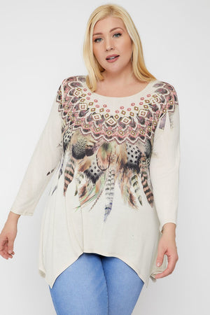 Ivory Feather Geometric & Tribal Sublimation Print Tunic Women's Top