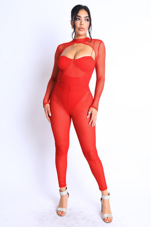 Red Women's Imported Mesh Crop Jumpsuit Set