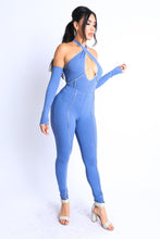 Denim Blue Cross Halter Keyhole Neck Off Shoulder Women's Set