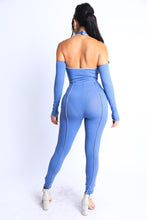 Denim Blue Cross Halter Keyhole Neck Off Shoulder Women's Set