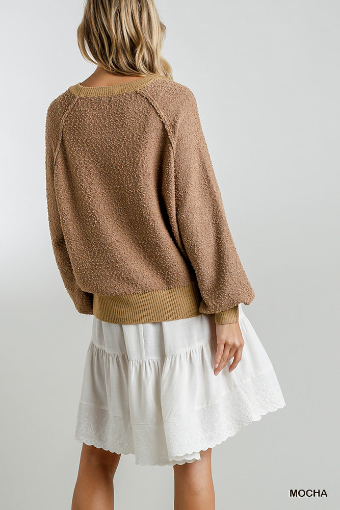 Beige Puff Sleeve Boat Neck Sweater