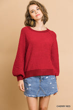 Red Puff Sleeve Boat Neck Sweater