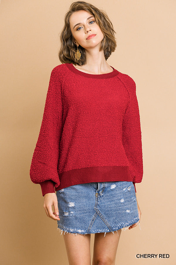 Red Puff Sleeve Boat Neck Sweater