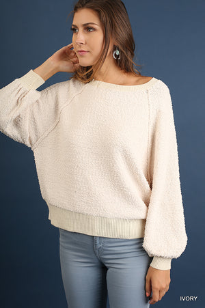 White Puff Sleeve Boat Neck Sweater