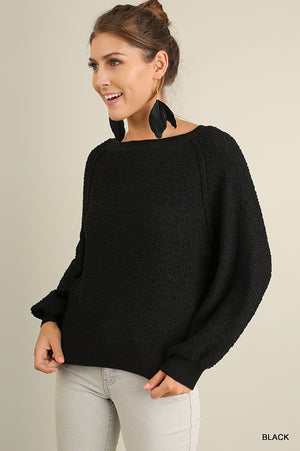 Black Puff Sleeve Boat Neck Sweater